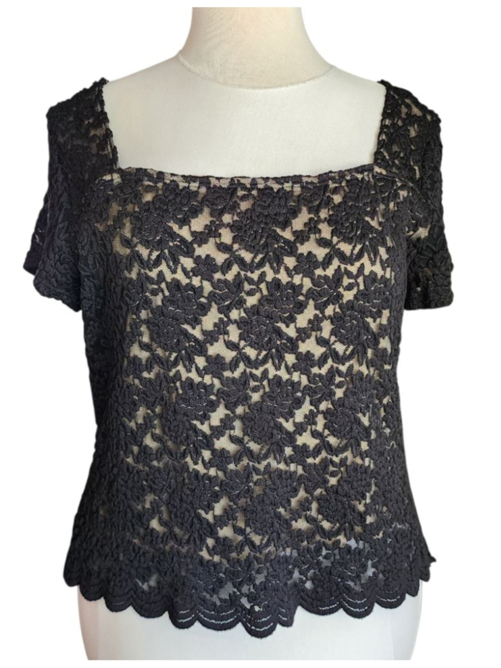 Connected Apparel XL Black Lace Square Neck Scalloped Hem Lined Evening Top